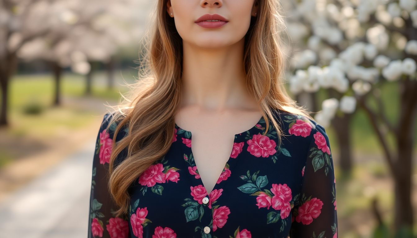 A woman wearing a floral print blouse in spring