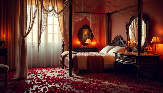 Romantic bedroom with a four-poster bed and rose petals, perfect for seductive lingerie for date night