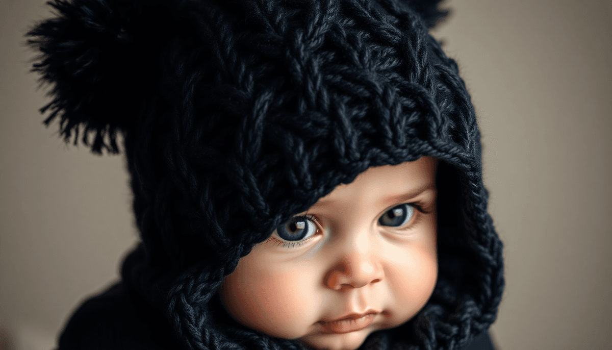 Close-up of a toddler wearing one of the best cable knit beanies for kids in dark blue with a pom-pom