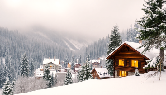 Snow-covered mountain village with cozy cabins showcasing the best cozy winter outerwear 2024 scene