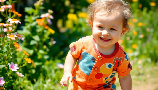 Smiling toddler boy wearing colorful romper outdoors surrounded by flowers best toddler rompers for boys