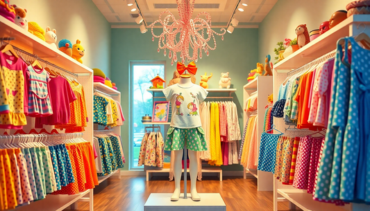 Bright boutique display featuring fashion-forward girls clothing ideas with colorful dresses and coordinated outfits