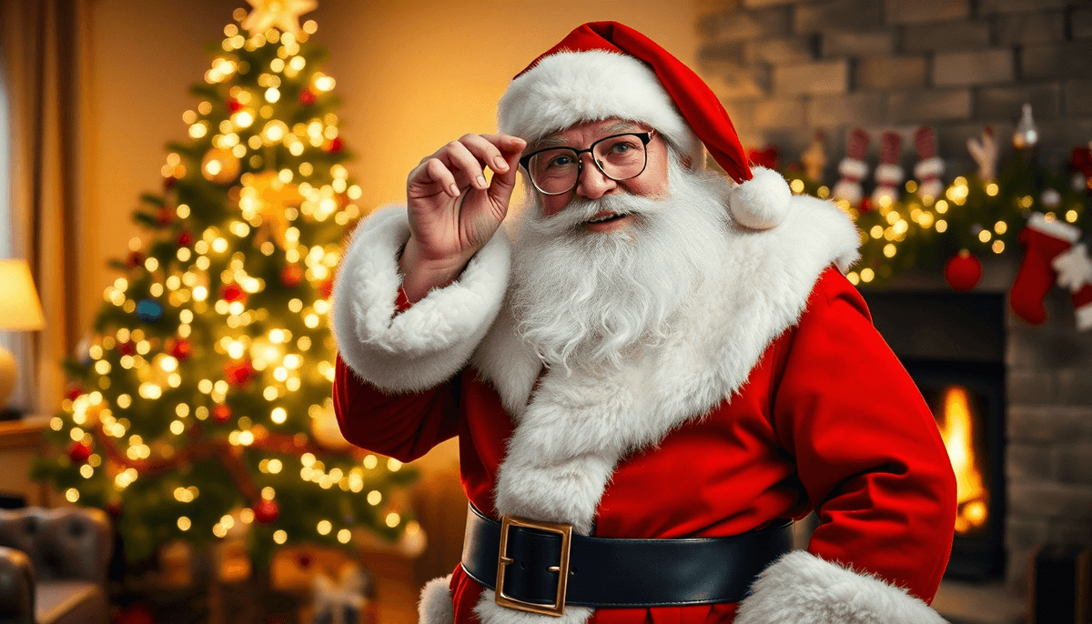 Smiling man wearing a premium Santa Claus costume suit standing in a decorated living room with a Christmas tree