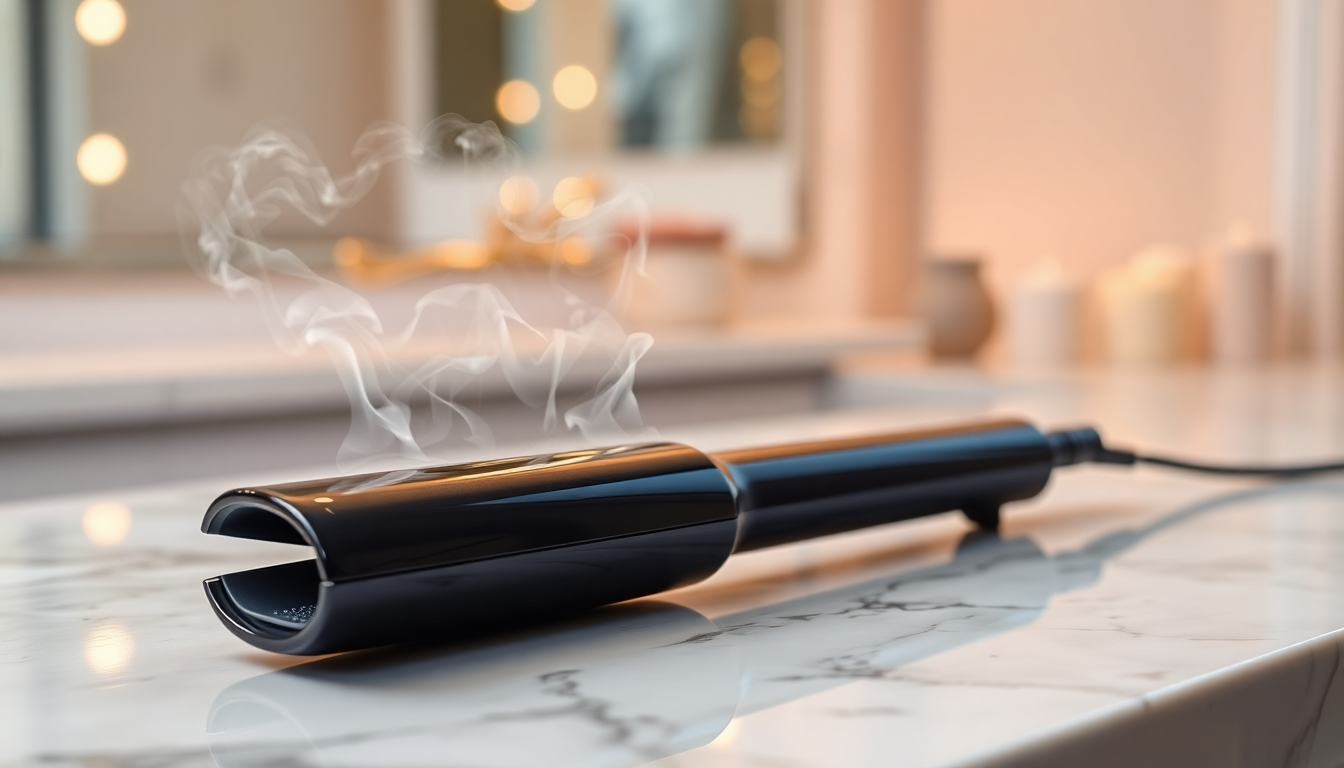 Black tourmaline ceramic hair straightener benefits shown with steam on a marble countertop