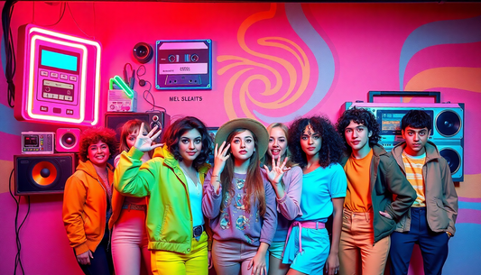 Group of young people dressed in colorful retro fashion illustrating nostalgia marketing strategies for fashion brands
