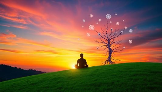 Person meditating on a green hill at sunset with a tree symbolizing mental health and fashion for mental health awareness