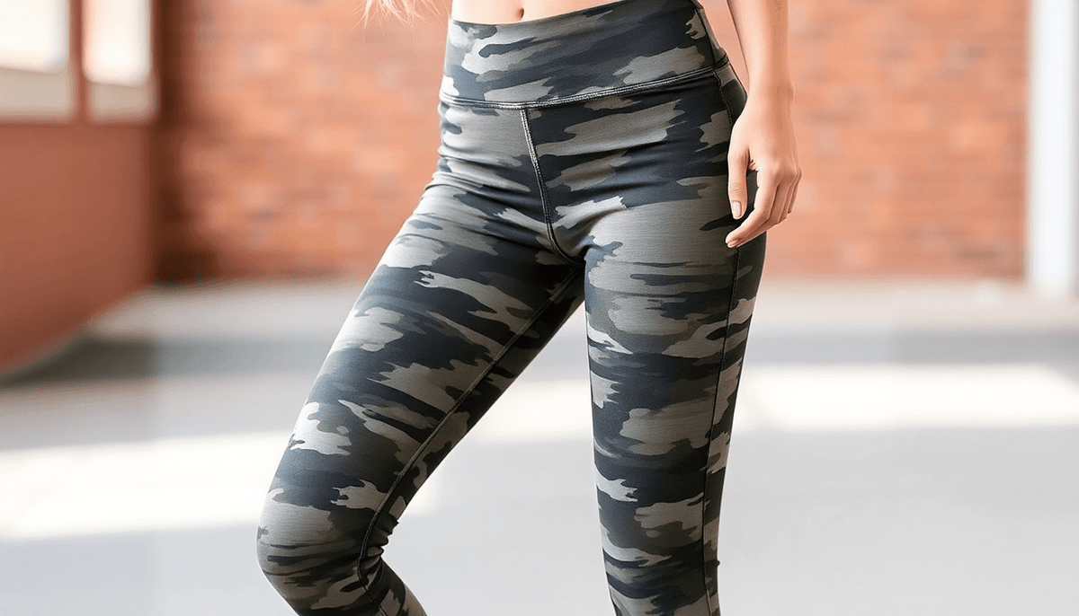 Close up of a woman wearing stylish camo workout leggings in an indoor fitness setting