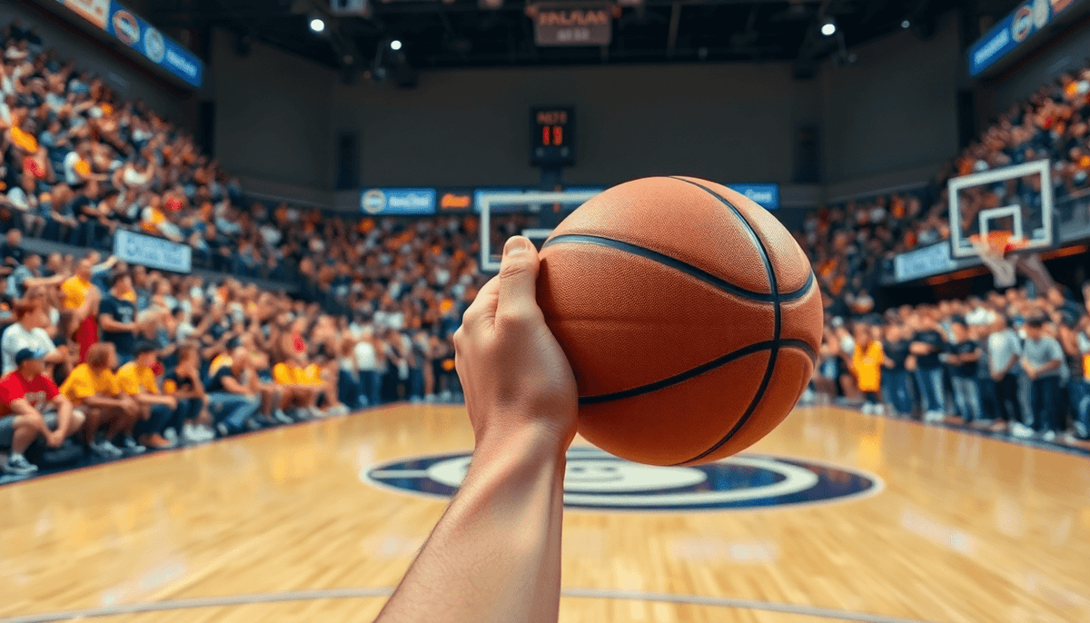 Basketball held by a player on court with crowded stands in background for NBA season preview 2024