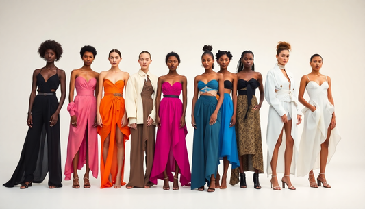 Diverse models showcasing elegant and colorful outfits representing genderless fashion trends on a plain background
