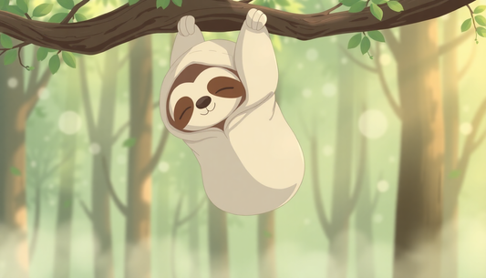 Cute cartoon sloth hanging from tree branch in forest for sleepy sloth hoodie review