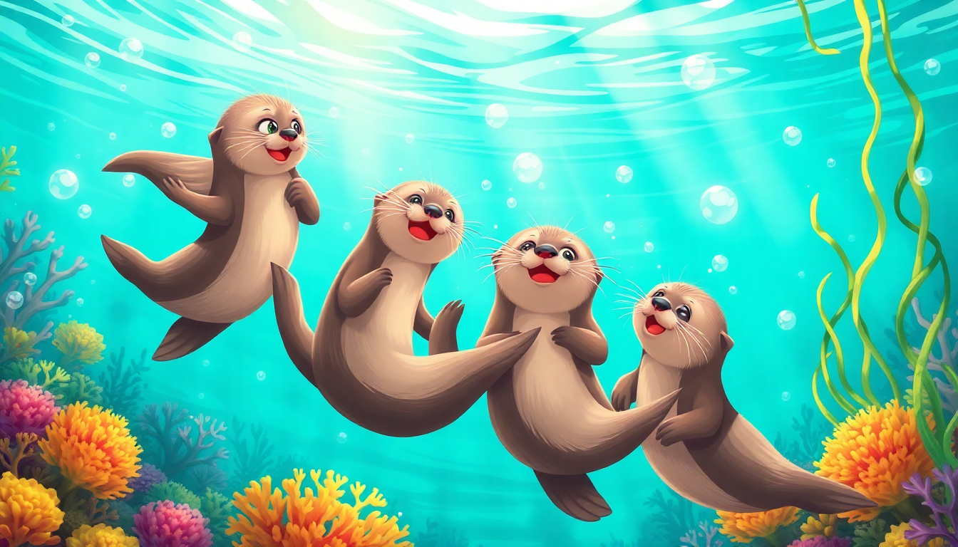 Playful sea otter tee for adults featuring a group of cheerful cartoon sea otters underwater