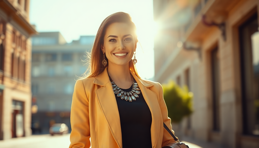 Smiling woman wearing accessory essentials for women including statement necklace and earrings with a stylish outfit outdoors