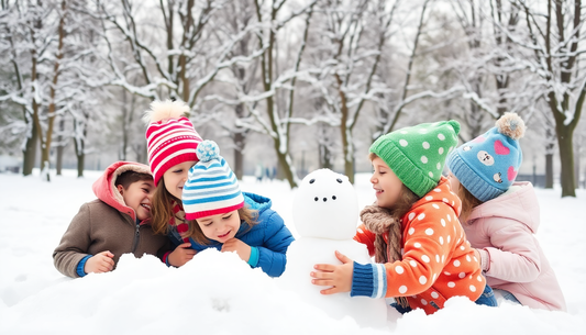 Children wearing colorful kids beanies for winter playing in the snow and building a snowman