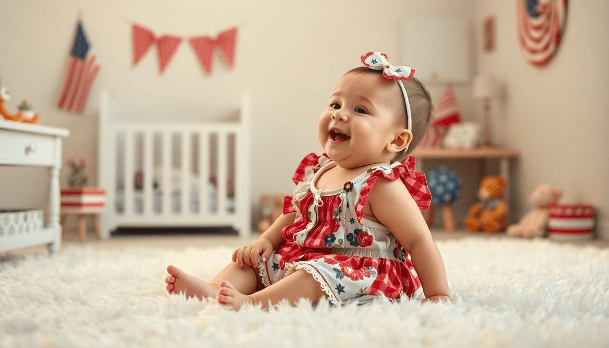 Smiling baby wearing a floral plaid bubble romper for toddlers sitting on a soft carpet in a decorated nursery