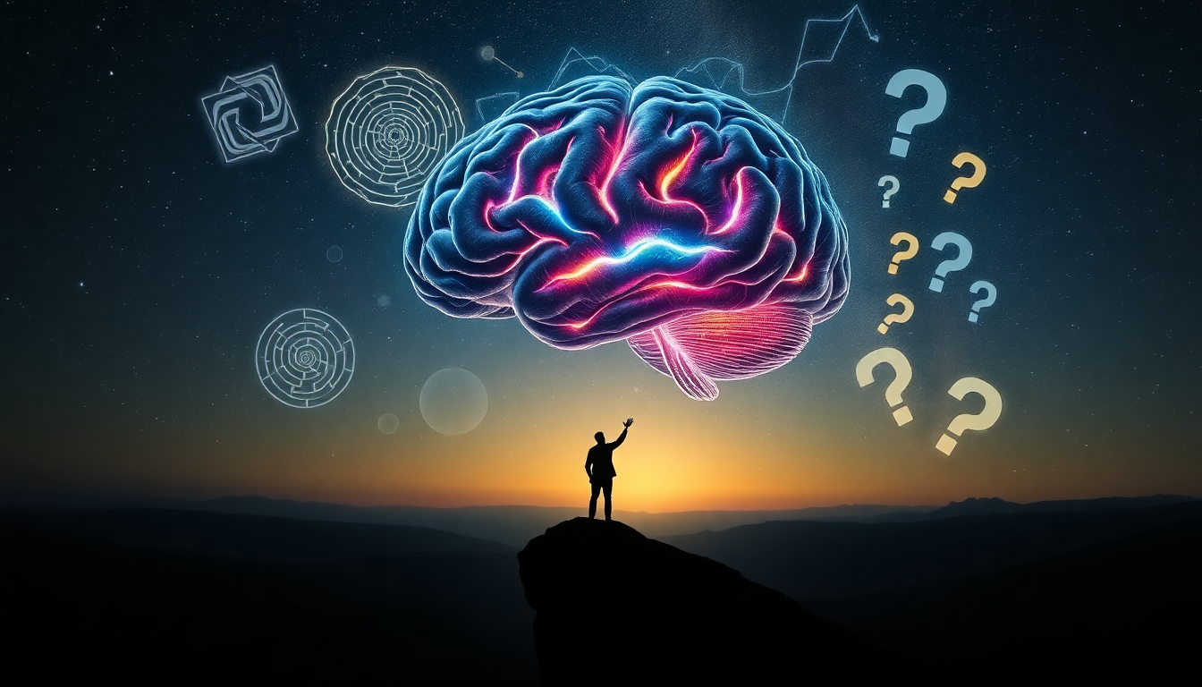 Person standing on hill at sunset with glowing brain and question marks representing best mind over matter apparel