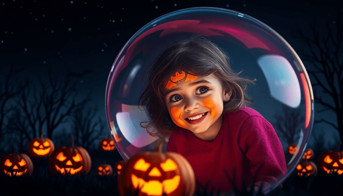 Smiling toddler girl in trendy toddler Halloween outfits surrounded by glowing jack-o-lanterns at night