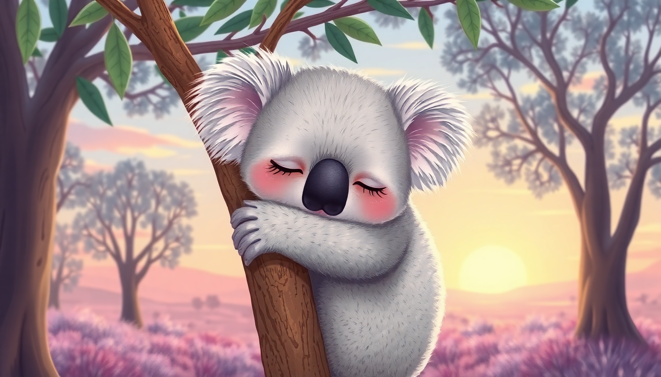 Illustration of a cute koala hugging a tree at sunset for a cute koala graphic tee for women