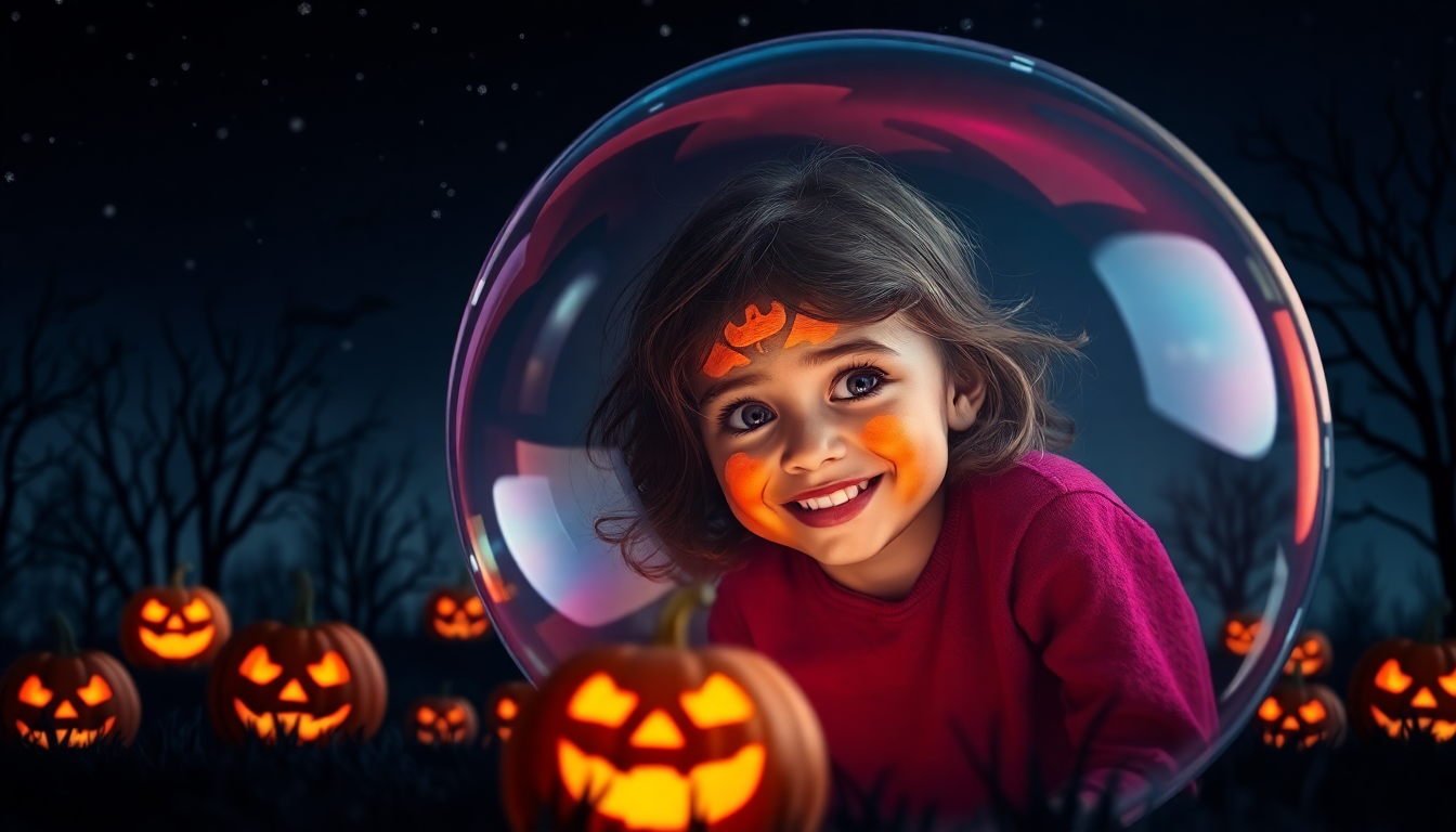 Smiling toddler girl in trendy toddler Halloween outfits surrounded by glowing jack-o-lanterns at night