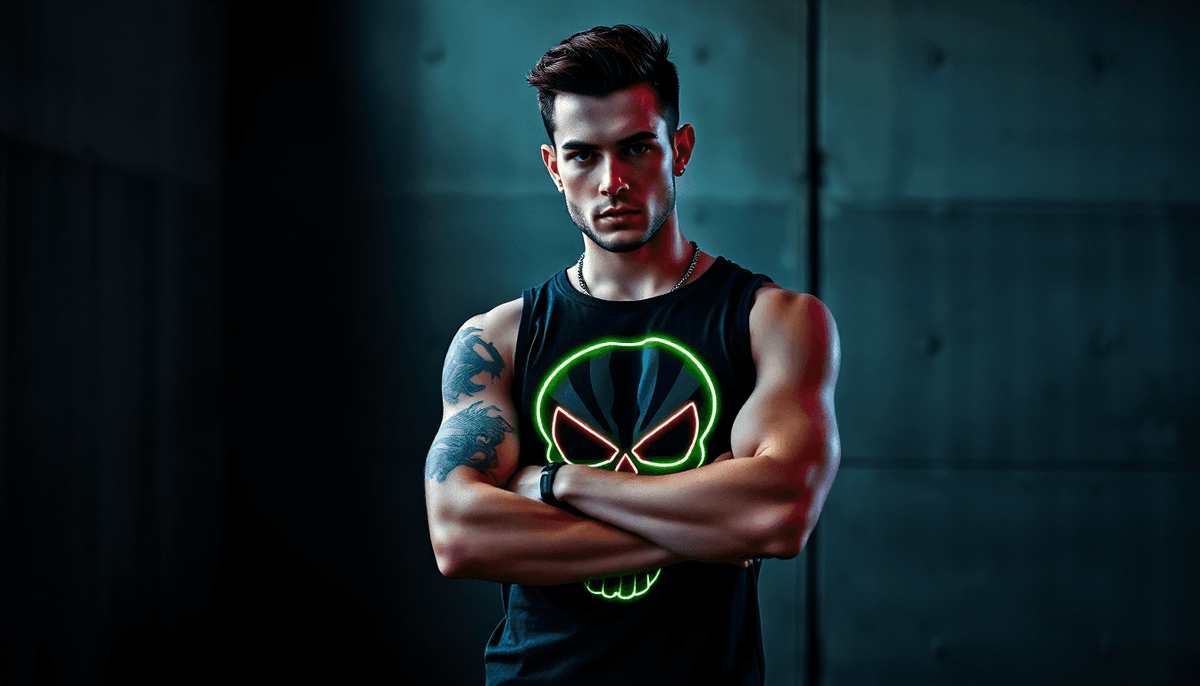 Young man wearing an edgy sleeveless shirt standing with arms crossed showcasing edgy outfits for men