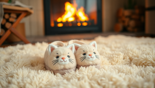 Cozy cute kitten slippers for adults placed on a fluffy rug in front of a warm fireplace