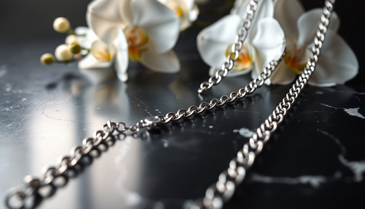 Close-up of a sterling silver chain necklace for women displayed on a black marble surface with white flowers