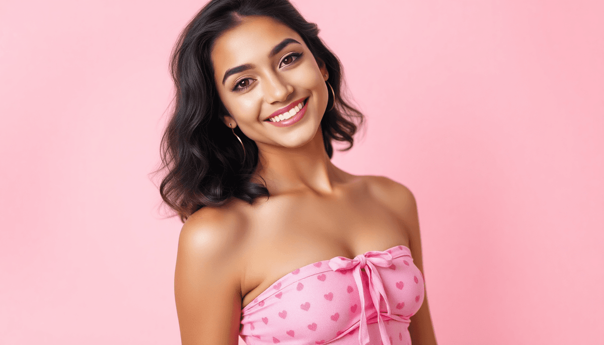 Smiling woman wearing a cute hearts tie bandeau top against a pink background