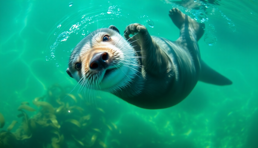 Playful sea otter swimming underwater surrounded by green ocean vegetation for best sea otter gifts for nature lovers