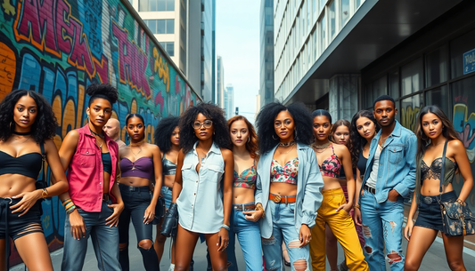 Group of diverse young adults showcasing streetwear style guide for trendsetters in urban graffiti setting