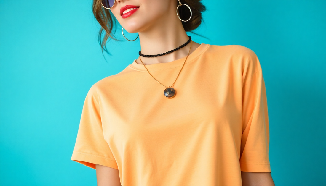 A woman wearing a stylish t-shirt dress with accessories