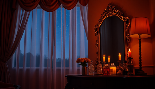 Cozy bedroom scene with vintage mirror and warm candles, perfect setting for luxury lingerie bodysuits for women
