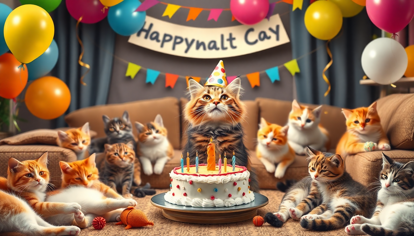 A group of cats celebrating with a birthday cake and balloons showing how to celebrate National Cat Day in style