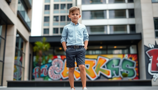 Young boy wearing stylish boys outfit sets with light blue shirt and navy shorts standing in urban area