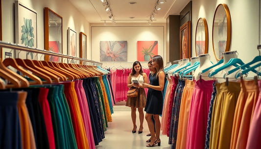 Two women shopping for chic girls skirts for sale in a brightly lit boutique with colorful skirts displayed on racks