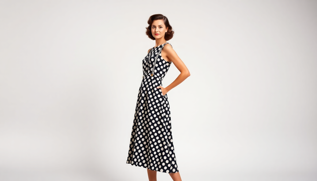 Woman wearing a stylish black and white polka dot dress standing against a plain background