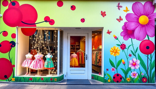 Children's boutique storefront with colorful floral mural showing dresses to elevate kids wardrobe with style