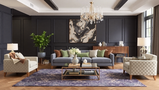 Elegant living room with high-quality furniture for living room including sofa, armchairs, and decorative elements