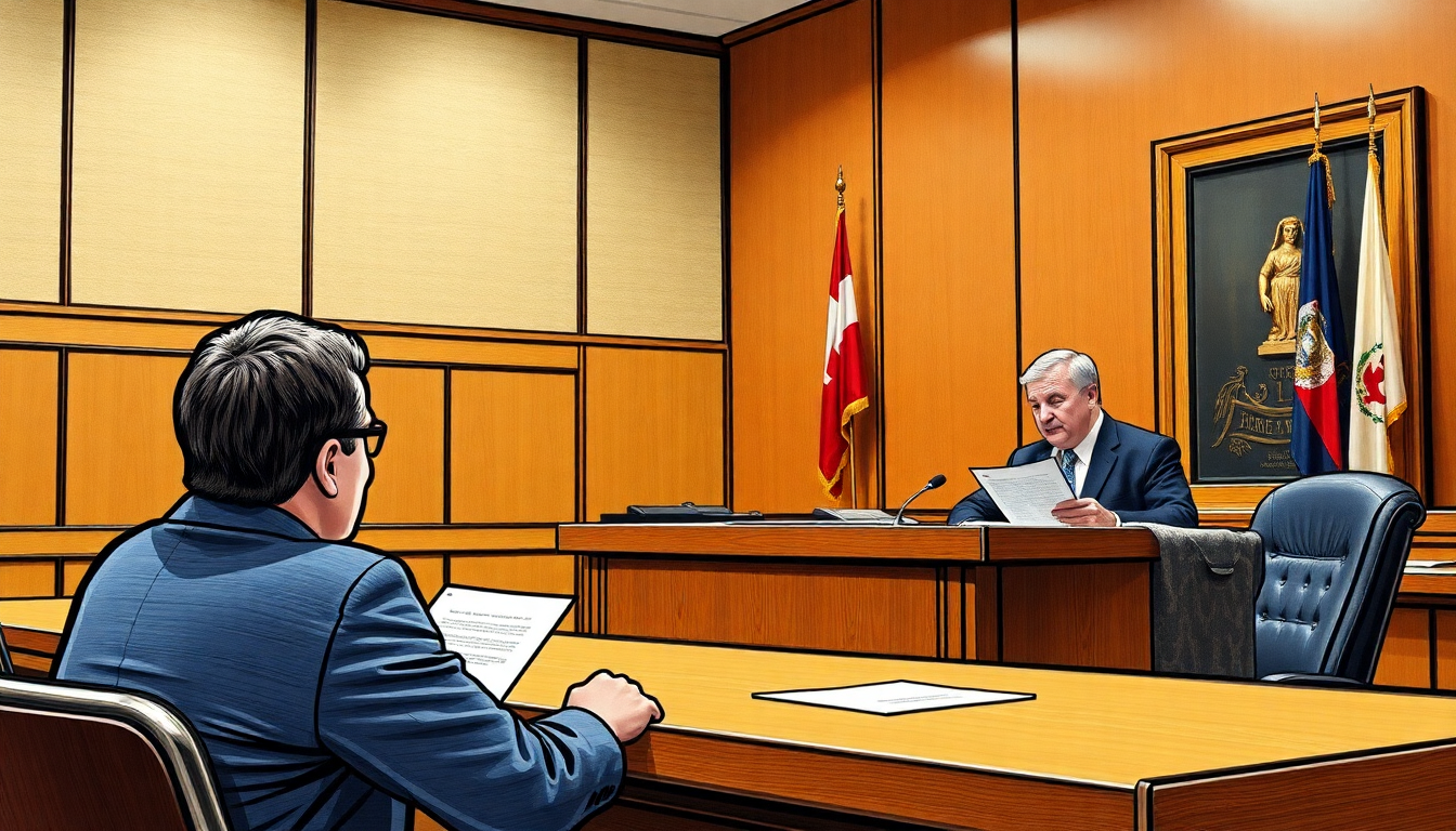 Courtroom with judge dismissing a lawsuit document