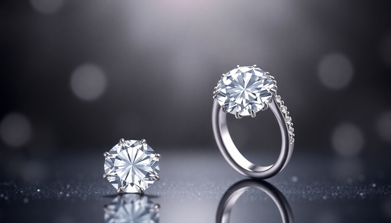 Elegant sustainable diamond jewelry online featuring a sparkling diamond ring and loose diamond on reflective surface