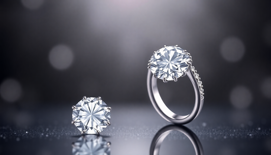 Elegant sustainable diamond jewelry online featuring a sparkling diamond ring and loose diamond on reflective surface