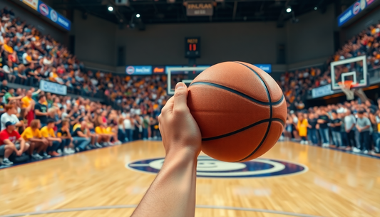 Basketball held by a player on court with crowded stands in background for NBA season preview 2024