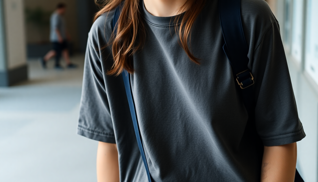 A person wearing comfortable graphic tees in a casual outfit