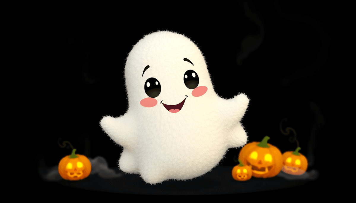 Cute smiling ghost cartoon with pumpkins representing a fun Halloween theme for black chenille patch bubble romper
