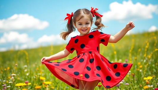 Happy little girl wearing a cute ladybug dress for girls standing in a sunny flower field