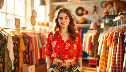 Young woman smiling in a bright boutique showcasing colorful vintage clothing vintage chic fashion tips