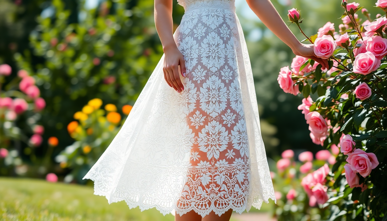 White lace skirt showcasing delicate floral patterns in lace skirts fashion trends outdoor garden setting