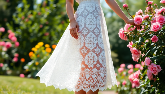 White lace skirt showcasing delicate floral patterns in lace skirts fashion trends outdoor garden setting