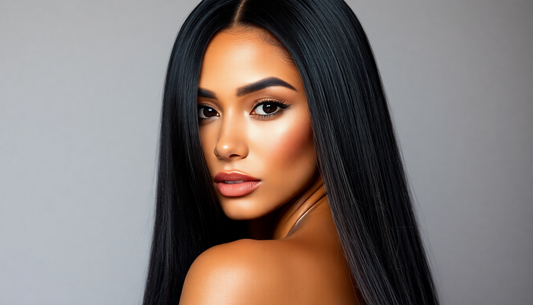 Woman wearing a long straight black hair wig with smooth shiny texture and flawless makeup