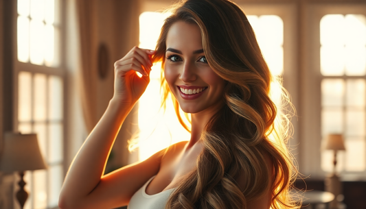 Smiling woman with long wavy hair showcasing closure wigs for confidence in natural light