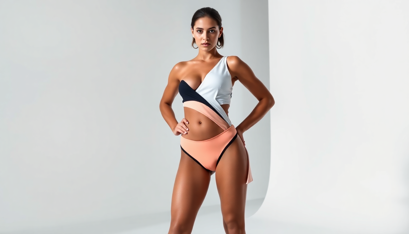 Woman modeling confidence boosting underwear styles in a color-blocked asymmetrical top and matching high-cut bottoms