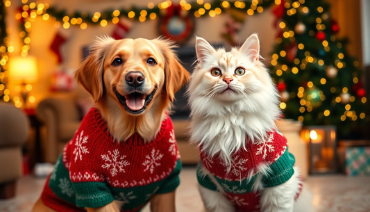 Golden retriever dog and fluffy cat wearing holiday outfits for dogs and cats in a festive living room